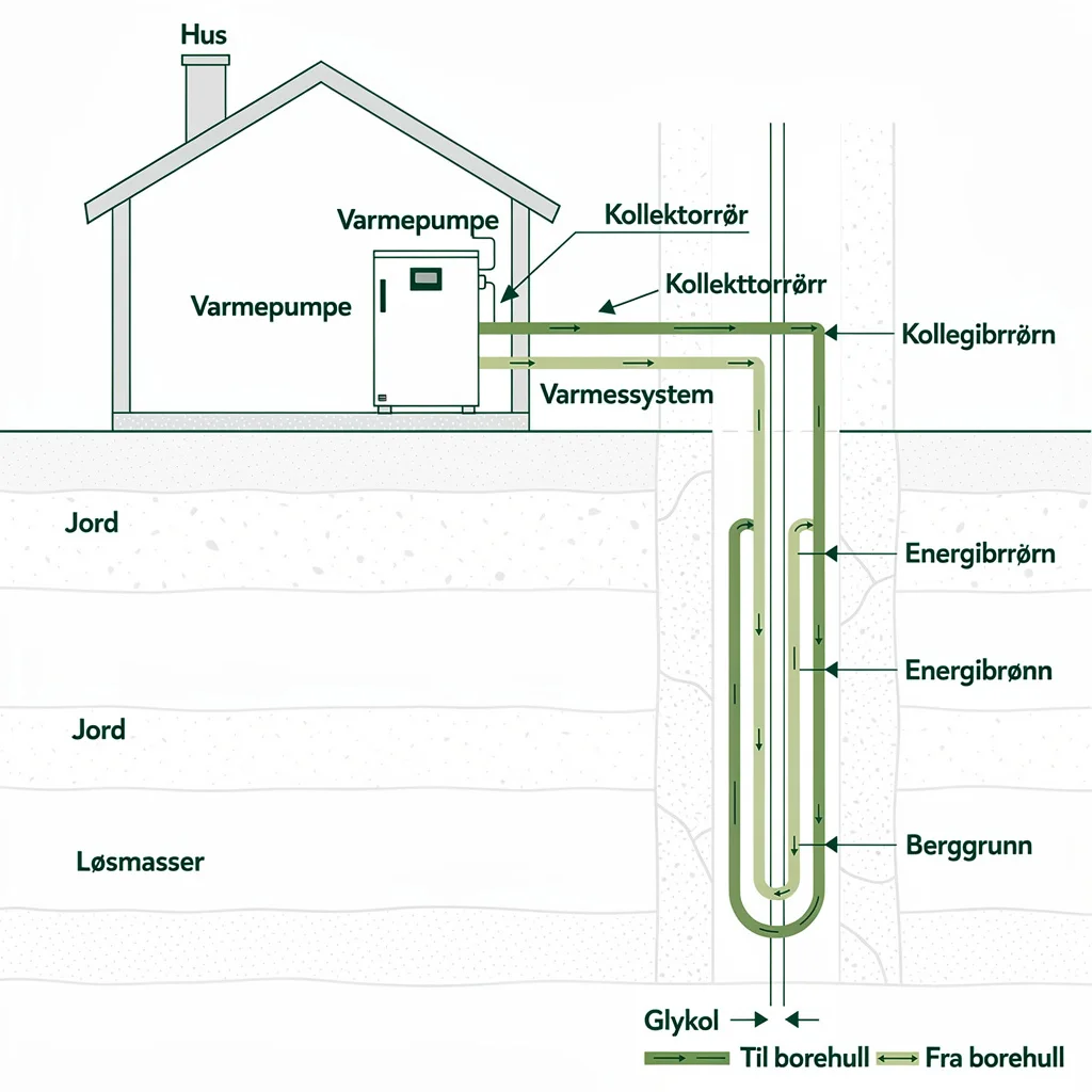 Tverrsnitt av energibrønn for bergvarmepumpe — viser borehull, kollektorrør og glykolvæske som sirkulerer