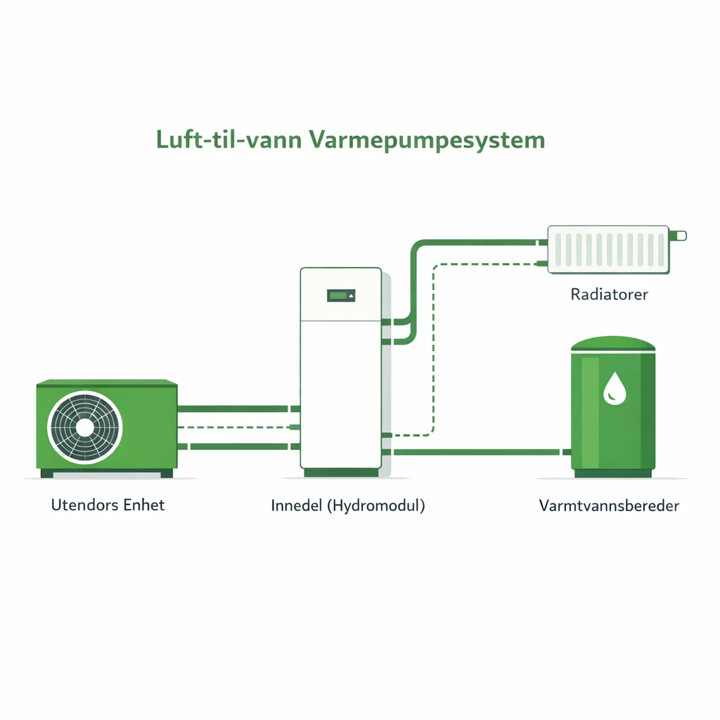 Diagram som viser hvordan luft til vann varmepumpe fungerer — fra utedel til varmtvannstank og radiatorer